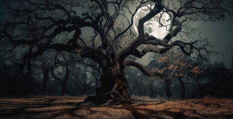 Fototapeta na wymiar Creepy tree on the background of a mystical night landscape.Generative AI technology.
