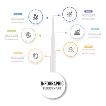 Circular mind map infographic template or element with 6 step, process, option, colorful circle, icons, label, thin line, paper origami, minimal, modern style for poster, sale slide, flowchart, web