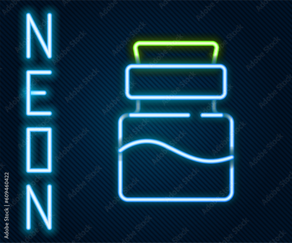 Poster glowing neon line bottle with potion icon isolated on black background. flask with magic potion. hap