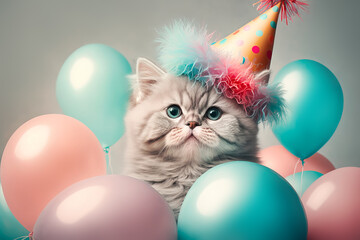 Fototapeta na wymiar Cute fluffy cat celebrates birthday in cap on festive Balloons background. Generative AI illustration