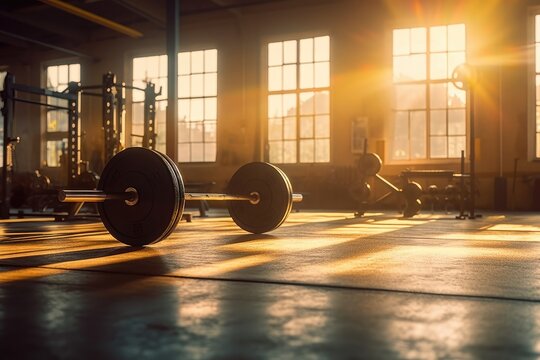 Gym interior photo with sunlight leaking through the window. Generative AI