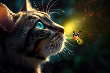 Close-up photo of cat with butterfly on nose. Generative AI