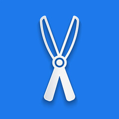 Paper cut Gardening handmade scissors for trimming icon isolated on blue background. Pruning shears with wooden handles. Paper art style. Vector