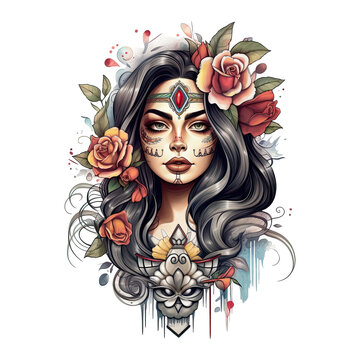 Tattoo style portrait of chicano girl, Mexican woman with flowers art, isolated. Generative AI