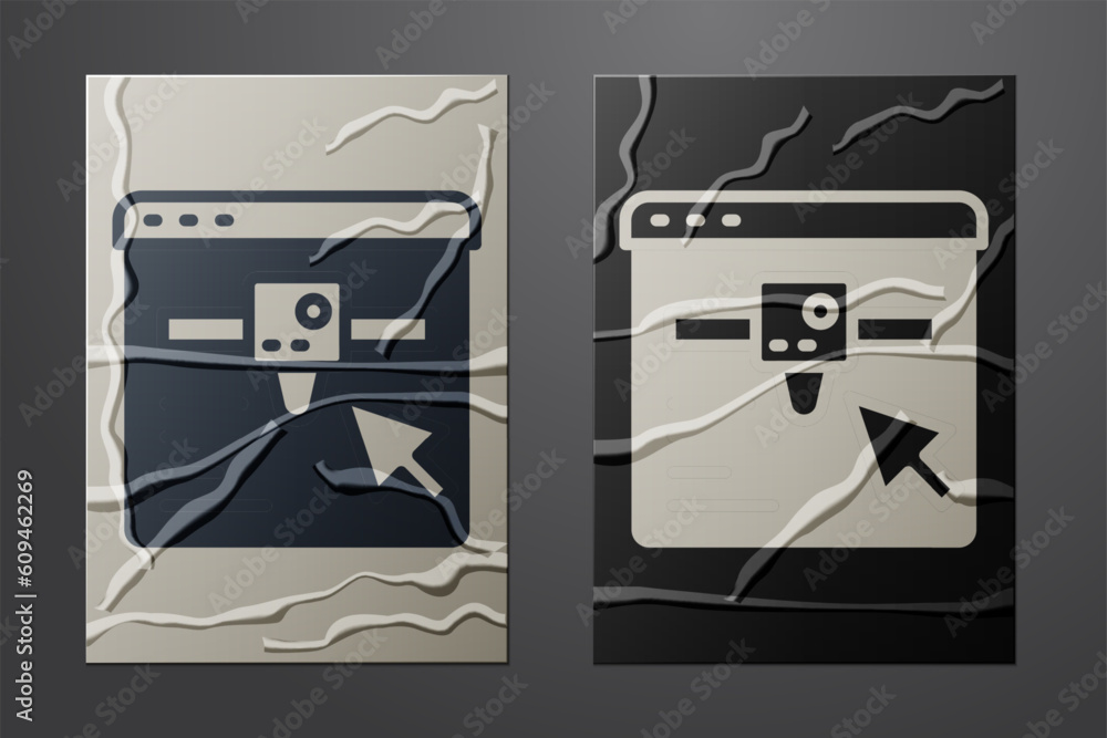 Poster white 3d printer setting icon isolated on crumpled paper background. 3d printing. paper art style. v