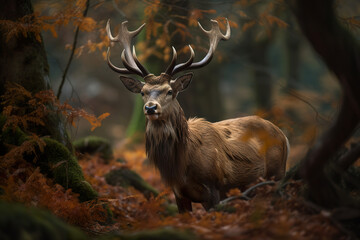 Roe deer in the wilderness surrounded by greenery. A deer in the forest in autumn. Sawsbuck a deer-like creature with magnificent seasonal foliage on its antlers. Generative AI