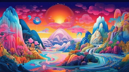 Colorful magical rainbow fantasy planet landscape