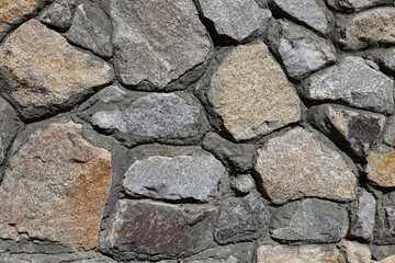 Brick wall background. Abstract pattern of rocks. Abstract stone cement texture pattern. Gray stones, textured surface of cobblestones. Natural backdrop.