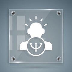 White Psychology icon isolated on grey background. Psi symbol. Mental health concept, psychoanalysis analysis and psychotherapy. Square glass panels. Vector