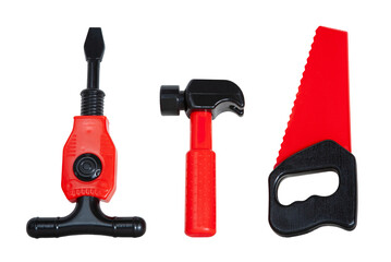 Black and red toy screwdriver, hammer and saw made of plastic on a transparent background png