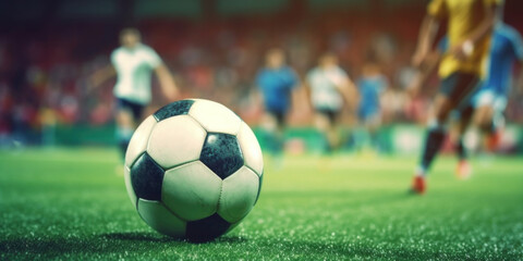 Obraz premium Cropped image of running soccer, football player at stadium during football match. Ai generative