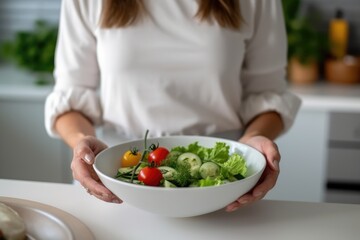 Obraz na płótnie Canvas Unrecognizable woman hands holding bowl of salad, AI Generated