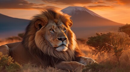 Naklejka na ściany i meble Lion portrait on Savanna. Mount Kilimanjaro at sunset