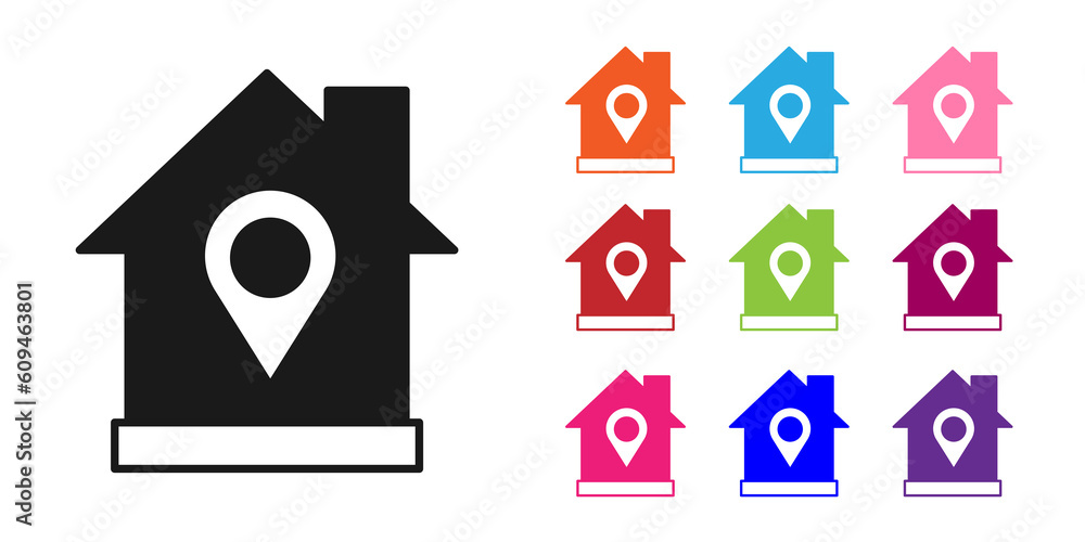 Poster black map pointer with house icon isolated on white background. home location marker symbol. set ico