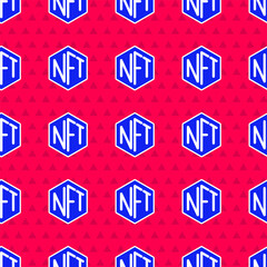 Blue NFT Digital crypto art icon isolated seamless pattern on red background. Non fungible token. Vector