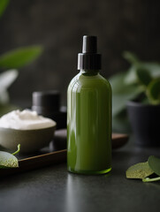 Fototapeta na wymiar Green cosmetic bottle with dispenser, fresh mint and water drops. Organic cosmetics concept. A small bottle of liquid soap spray next to green tea leaves matcha bathroom background. Generative AI