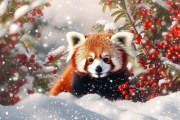Red panda in winter forest. Cute animal in snowfall. Created with Generative AI tools