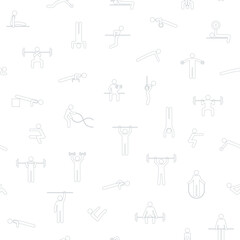 Seamless pattern of line symbols workout, athletic, gym, fitness, calisthenics training exercises. Continuous print of people making sports in gymnasium. Isolated outline vector illustration