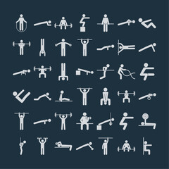 Set of calisthenics training exercises icons. Workout, athletic, gym, fitness symbols. Stylized people making sports in gymnasium. Isolated simple vector illustration