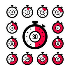 Fototapeta na wymiar Set of timer. Stopwatch icons set. Countdown 0, 5, 10, 15, 20, 25, 30, 35, 40, 45, 50, 55, 60 minutes. Timer symbol. Outline stopwatch icon. Alarm pictogram. Vector, Transparent background