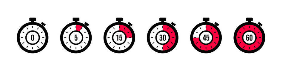 Set of timer. Stopwatch icons set. Countdown 0, 5, 15, 30, 45, 60 minutes. Timer symbol. Outline stopwatch icon. Alarm pictogram. Vector, Transparent background