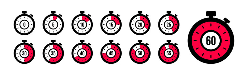 Set of timer. Stopwatch icons set. Countdown 0, 5, 10, 15, 20, 25, 30, 35, 40, 45, 50, 55, 60 minutes. Timer symbol. Outline stopwatch icon. Alarm pictogram. Vector, Transparent background