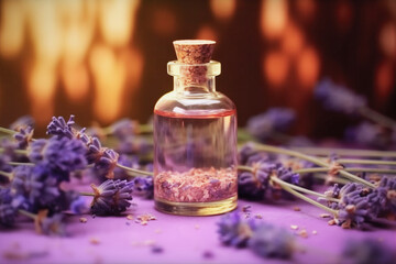 Glass vial with a stopper filled with lavender aroma oil. Concept of aromatherapy, alternative medicine treatment with oils. Generated by AI