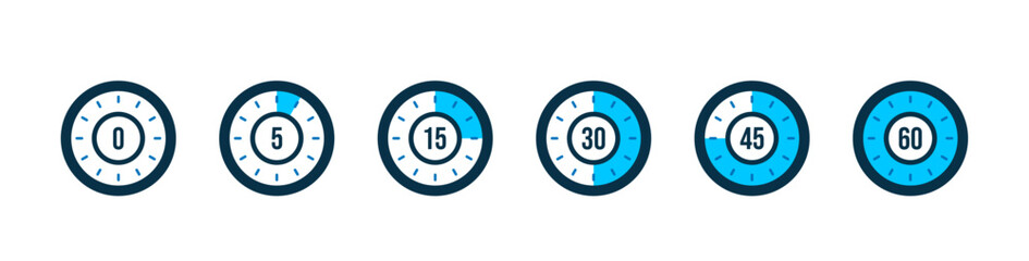 Set of timer. Stopwatch icons set. Countdown 0, 5, 15, 30, 45, 60 minutes. Timer symbol. Outline stopwatch icon. Alarm pictogram. Vector, Transparent background