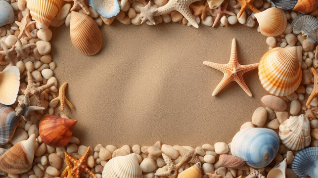 Frame of seashells on the beach. IA generative.