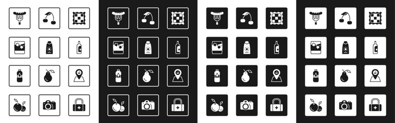 Fototapeta premium Set Checkered napkin, Sunscreen cream tube, Glass of whiskey with ice, Sausage on the fork, Bottle wine, Cherry, Picnic location and water icon. Vector
