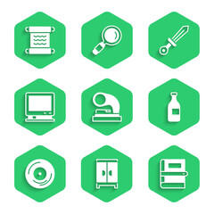 Set Old gramophone, Wardrobe, Book, Bottle of wine, Vinyl disk, Retro tv, Medieval sword and Papyrus scroll icon. Vector