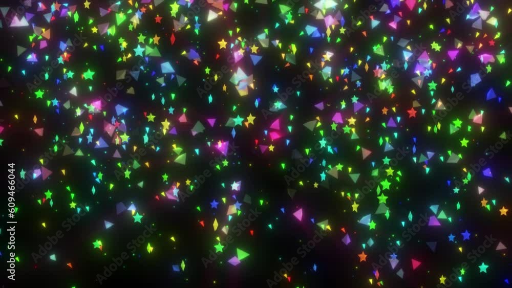 Poster geometric shape and confetti falling, triangle particles and confetti particle falling on black back