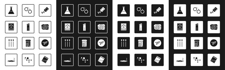 Set Medicine bottle and pills, Lighter, Cigarettes pack box, Test tube flask, Package with cocaine, Handcuffs, Messenger and Matches icon. Vector