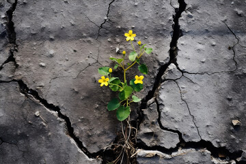 A plant breaking through the cracks of concrete, blossoming yellow flowers. The remarkable power of nature to regenerate and recover from environmental damage symbolizes hope and resilience. 