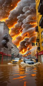 Dramatic 9x16 footage of a hurricane causing fires and floods, with brave firefighters rushing into action. Ideal for disaster-related conten