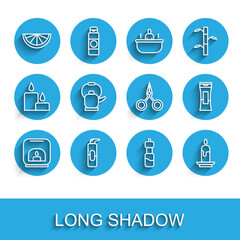 Set line Aroma lamp, Spray can for hairspray, Citrus fruit, Bottle of water, Burning candle, Kettle with handle, shampoo and Scissors icon. Vector