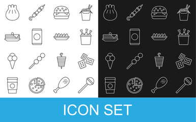 Set line Lollipop, Cracker biscuit, Chicken leg in package box, Burger, Soda can with straw, Stack of pancakes, Khinkali on cutting board and Nachos plate icon. Vector