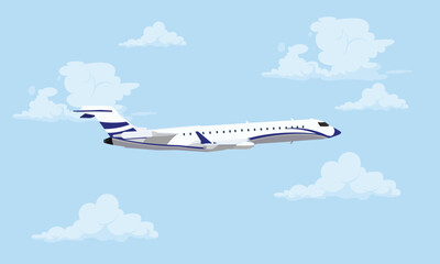 Airplane in the sky. The plane is flying between the clouds. Flat illustration