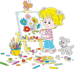 Obraz na płótnie Canvas Little girl painter drawing a beautiful bouquet of summer flowers on her easel with a paintbrush, bright paints and color pencils, vector cartoon illustration isolated on white