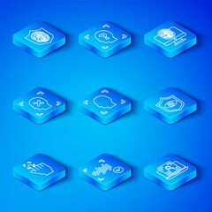 Set line Fingerprint, Face recognition, Voice, Shield eye scan, Monitor with fingerprint, Rejection face, shield and Laptop icon. Vector