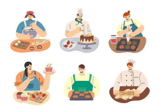 Collection Of People Cooking Sweet Dessert. Woman And Man Cooking Bakery At Home. Pastry Chef Making And Decorating Sweet Cake. Flat Cartoon Style Vector Illustration Isolated On White Background.