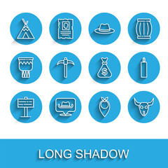 Set line Road traffic signpost, Location cowboy, Indian teepee or wigwam, Cowboy bandana, Buffalo skull, Pickaxe, Dynamite bomb and Money bag icon. Vector