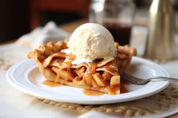 Mouth-watering Apple Pie with Ice Cream and caramel sauce served on white plate with blurred background. AI Generated