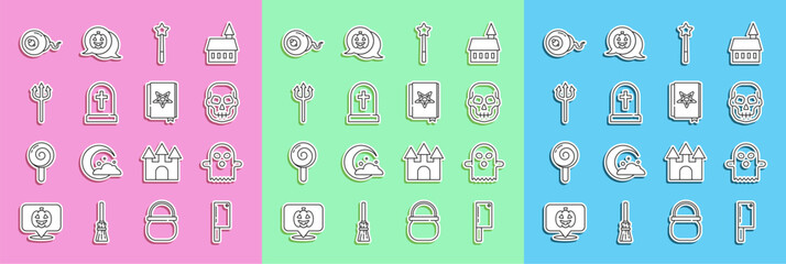 Set line Meat chopper, Ghost, Skull, Magic wand, Tombstone with cross, Neptune Trident, Eye and Ancient magic book icon. Vector