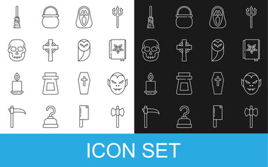 Set line Wooden axe, Vampire, Ancient magic book, Funny and scary ghost mask, Tombstone with cross, Skull, Witches broom and Owl icon. Vector