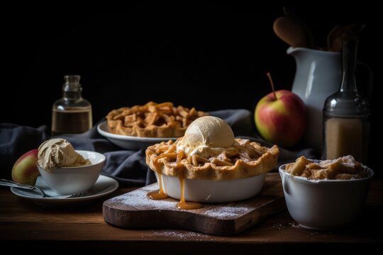 Mouth-watering personal sized Apple Pie with Ice Cream served in white bowl with oozing caramel with blurred items and dark background. AI Generated