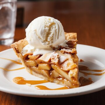 Heavenly Apple pie with ice cream drizzled with caramel sauce served on white plate with blurred background. AI Generated