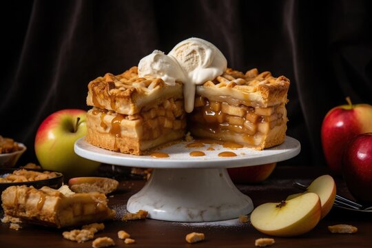 Spectacular Apple pie with melting ice cream and caramel sauce on marble cake plate with dark background. AI Generated