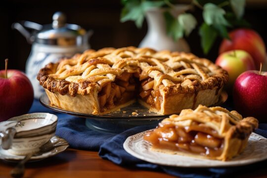 Spectacular golden brown Apple Pie isolated with blurred slice and blurred background. AI Generated