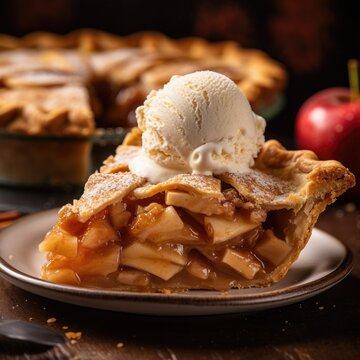 Spectacular Apple pie with scoop of vanilla ice cream on ornate plate with blurred pie in the background. AI Generated
